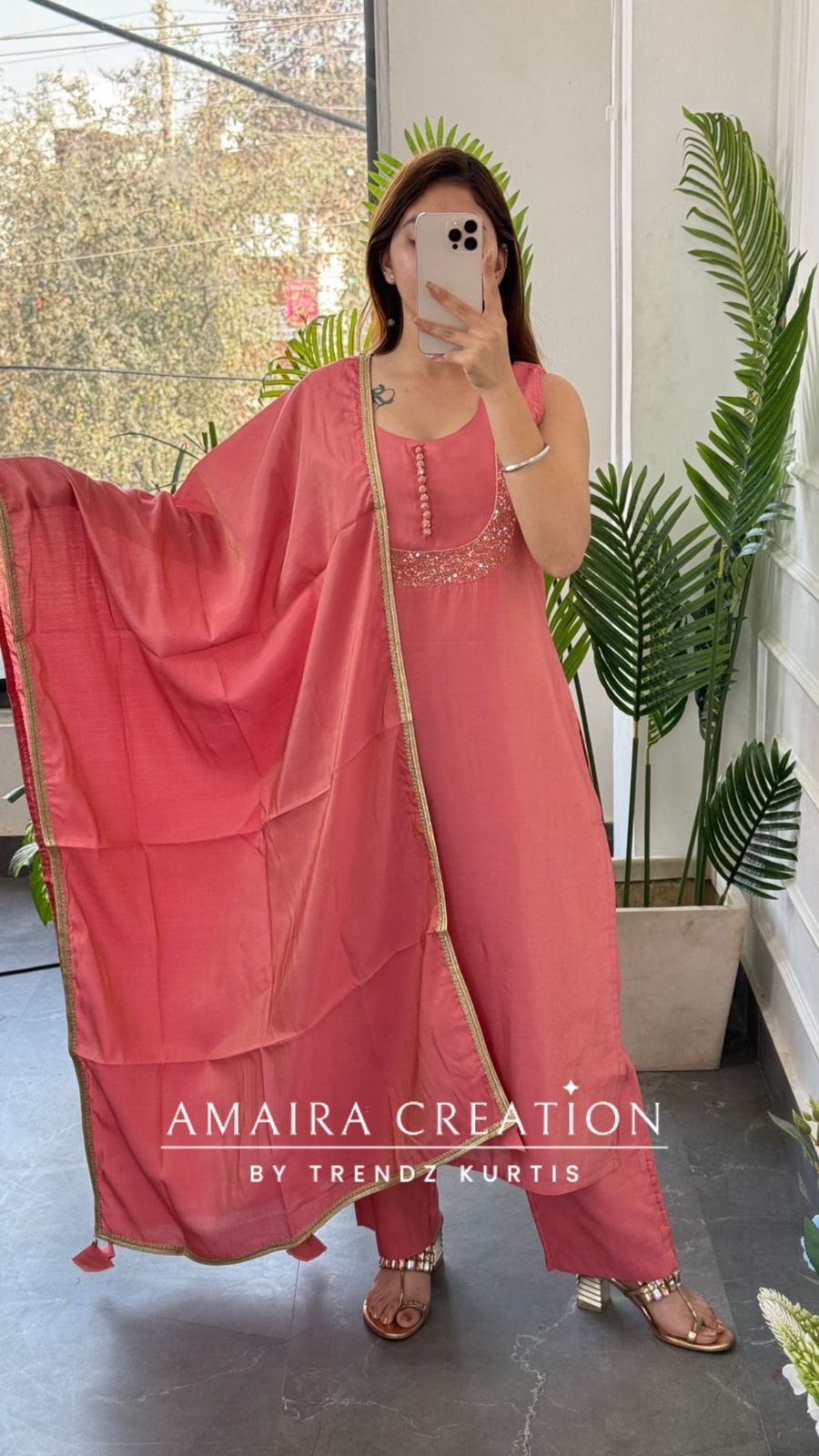 Premium Shimmer Silk Peach Color Wonderful Neck Pattern Pant Set(17 inches sleeves available)