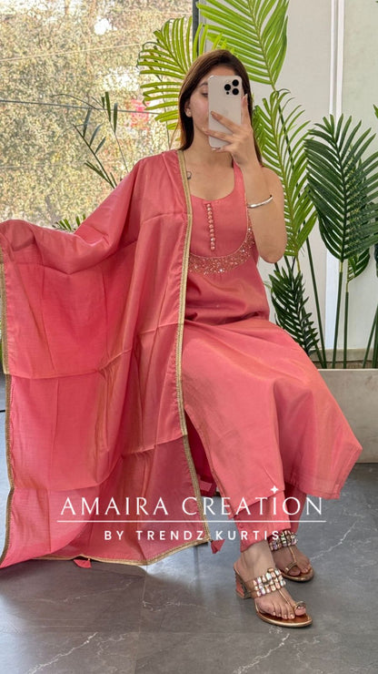 Premium Shimmer Silk Peach Color Wonderful Neck Pattern Pant Set(17 inches sleeves available)