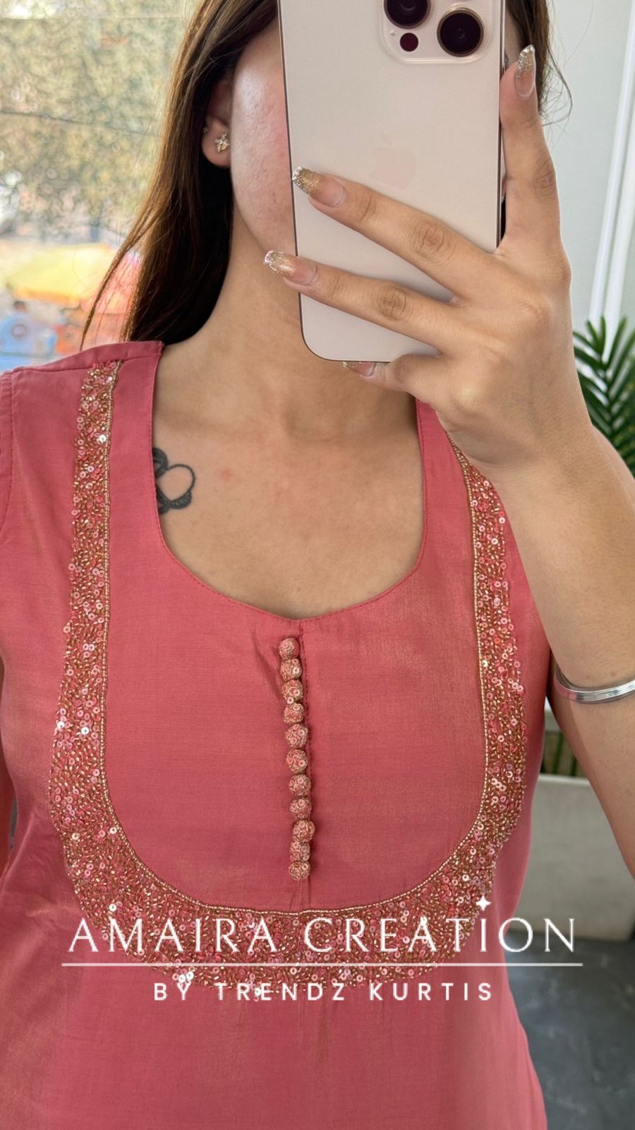 Premium Shimmer Silk Peach Color Wonderful Neck Pattern Pant Set(17 inches sleeves available)