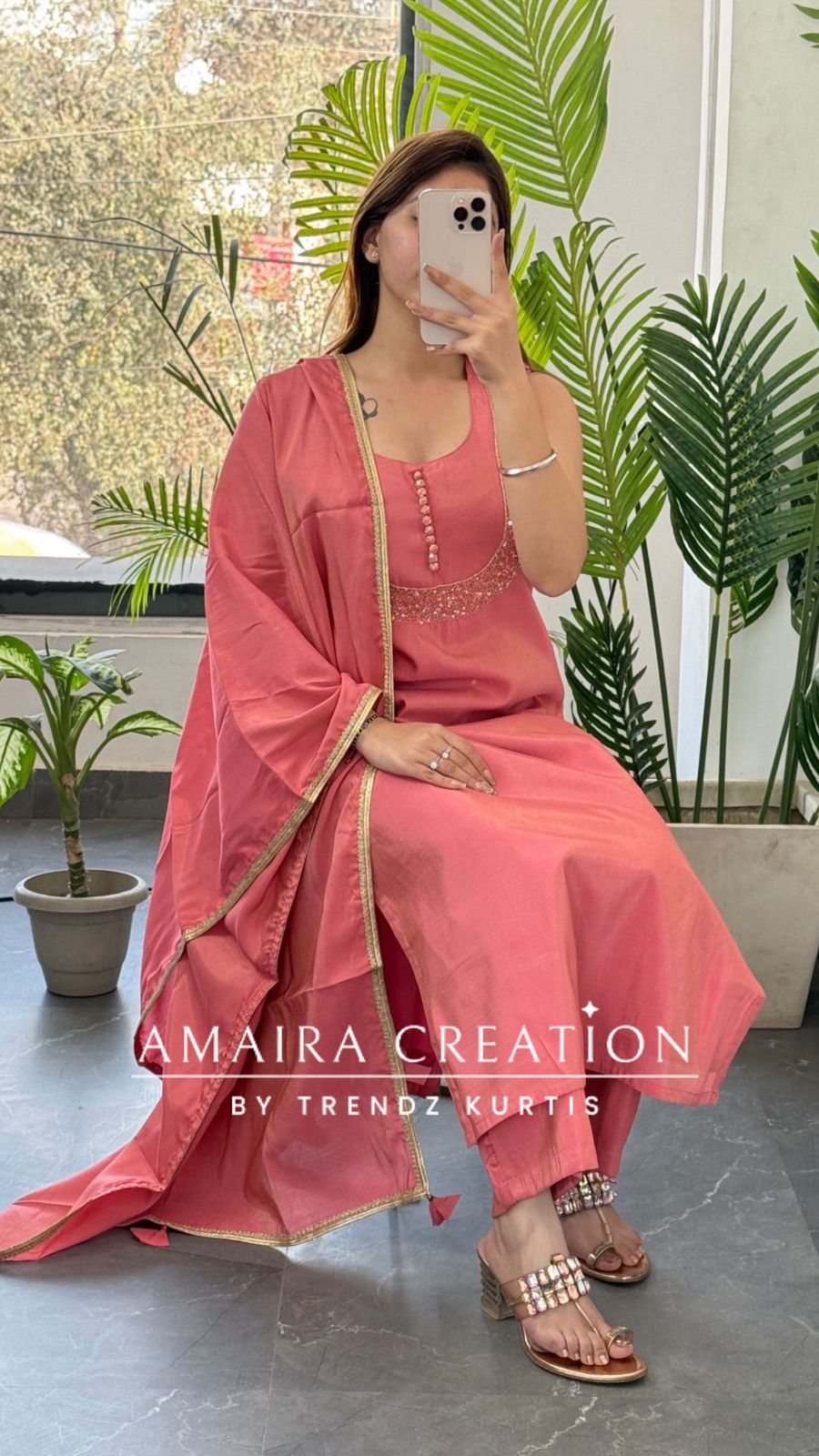 Premium Shimmer Silk Peach Color Wonderful Neck Pattern Pant Set(17 inches sleeves available)