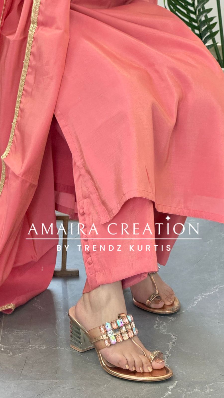 Premium Shimmer Silk Peach Color Wonderful Neck Pattern Pant Set(17 inches sleeves available)