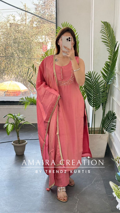 Premium Shimmer Silk Peach Color Wonderful Neck Pattern Pant Set(17 inches sleeves available)