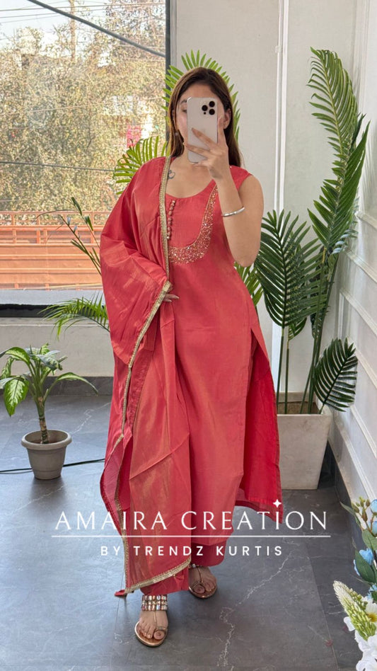 Premium Shimmer Silk Coral Color Wonderful Neck Pattern Pant Set(17 inches sleeves available)