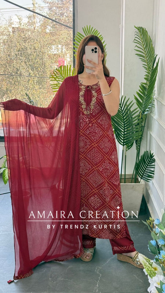 Premium Soft Reyon Designer Neck Pattern Marron Colour Bandhni Print Comfortable Pant Set(17 inches sleeves available)