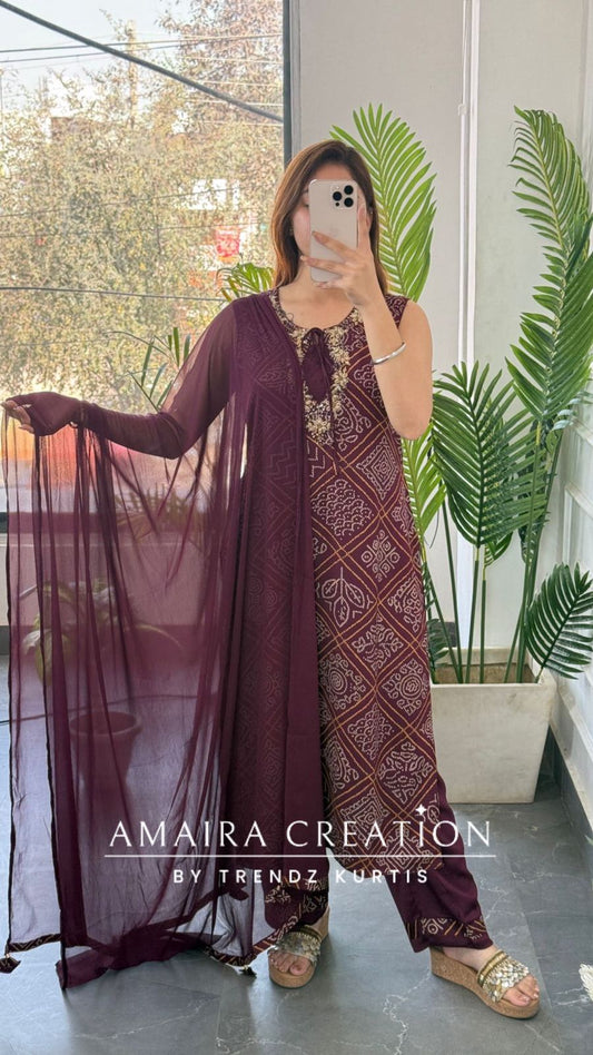 Premium Soft Reyon Designer Neck Pattern Wine Colour Bandhni Print Comfortable Pant Set(17 inches sleeves available)
