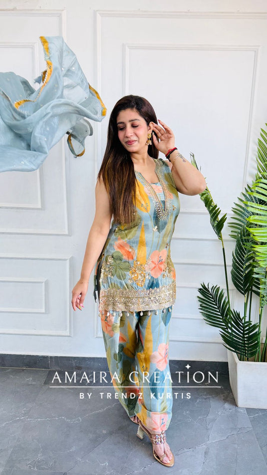 Premium Sky Blue Floral Glass Tissue Farsi Salwar {17 inches sleeves available}