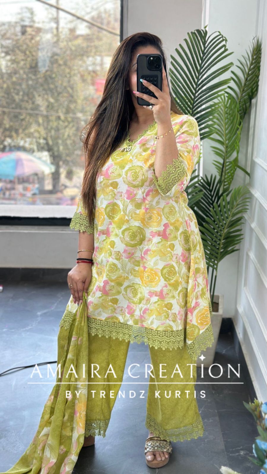 Premium Cotton C Cut Pattern Parrot Green Colour Plazo Set