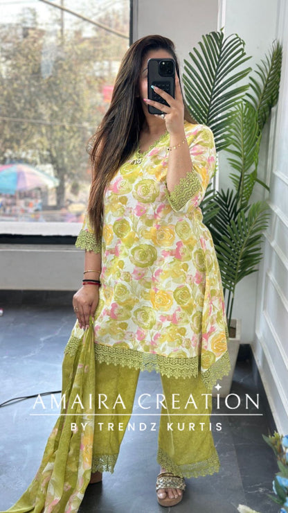 Premium Cotton C Cut Pattern Parrot Green Colour Plazo Set