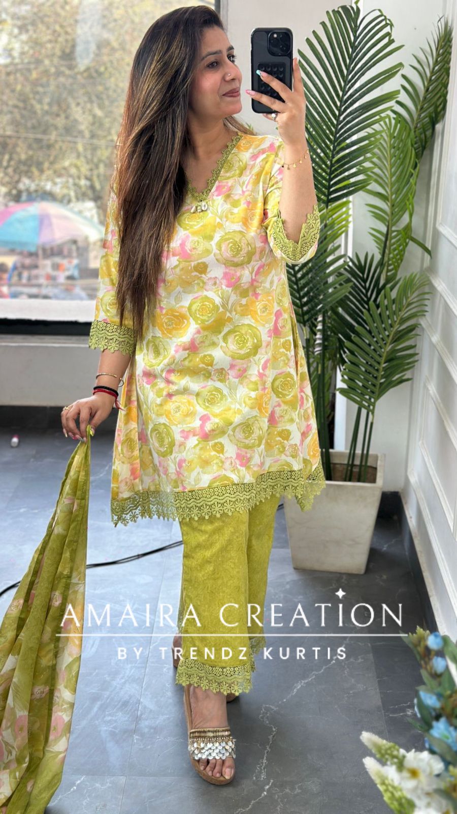 Premium Cotton C Cut Pattern Parrot Green Colour Plazo Set