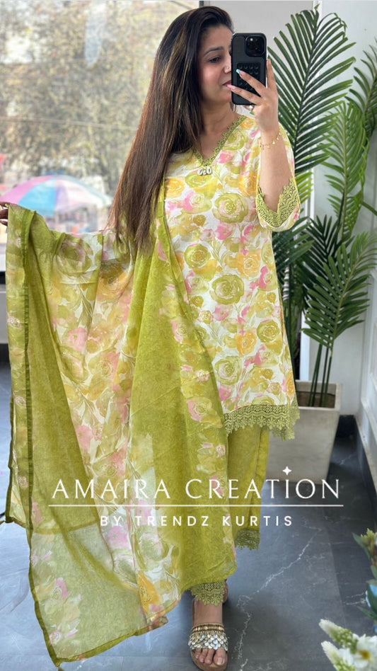 Premium Cotton C Cut Pattern Parrot Green Colour Plazo Set