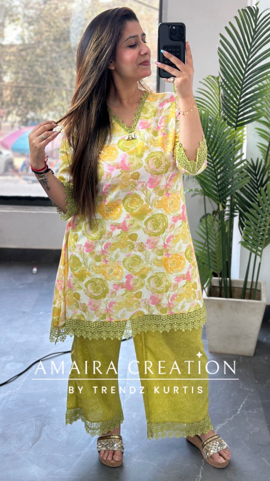 Premium Cotton C Cut Pattern Parrot Green Colour Plazo Set