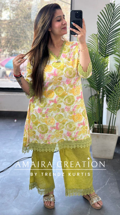 Premium Cotton C Cut Pattern Parrot Green Colour Plazo Set