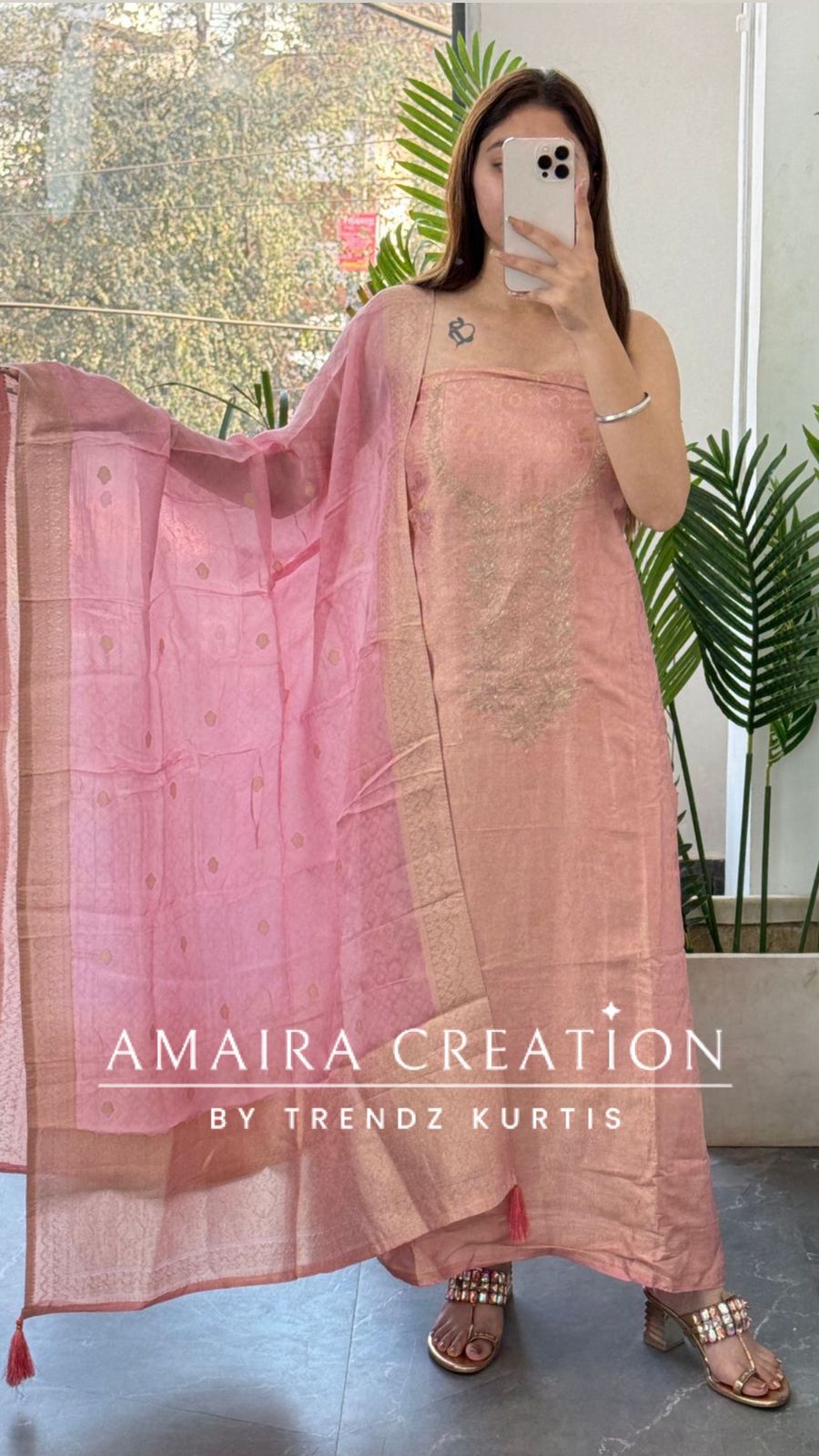 Premium Banarasi Fabric Peach Color Unstitched Suit With Banarasi Dupatta