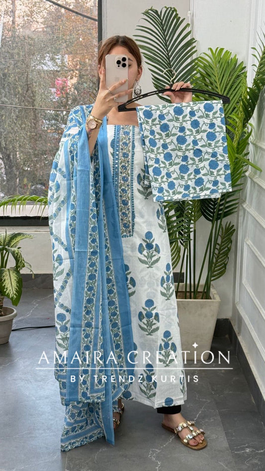 Floral Cotton Sky Blue Color Printed Unstitched Suit