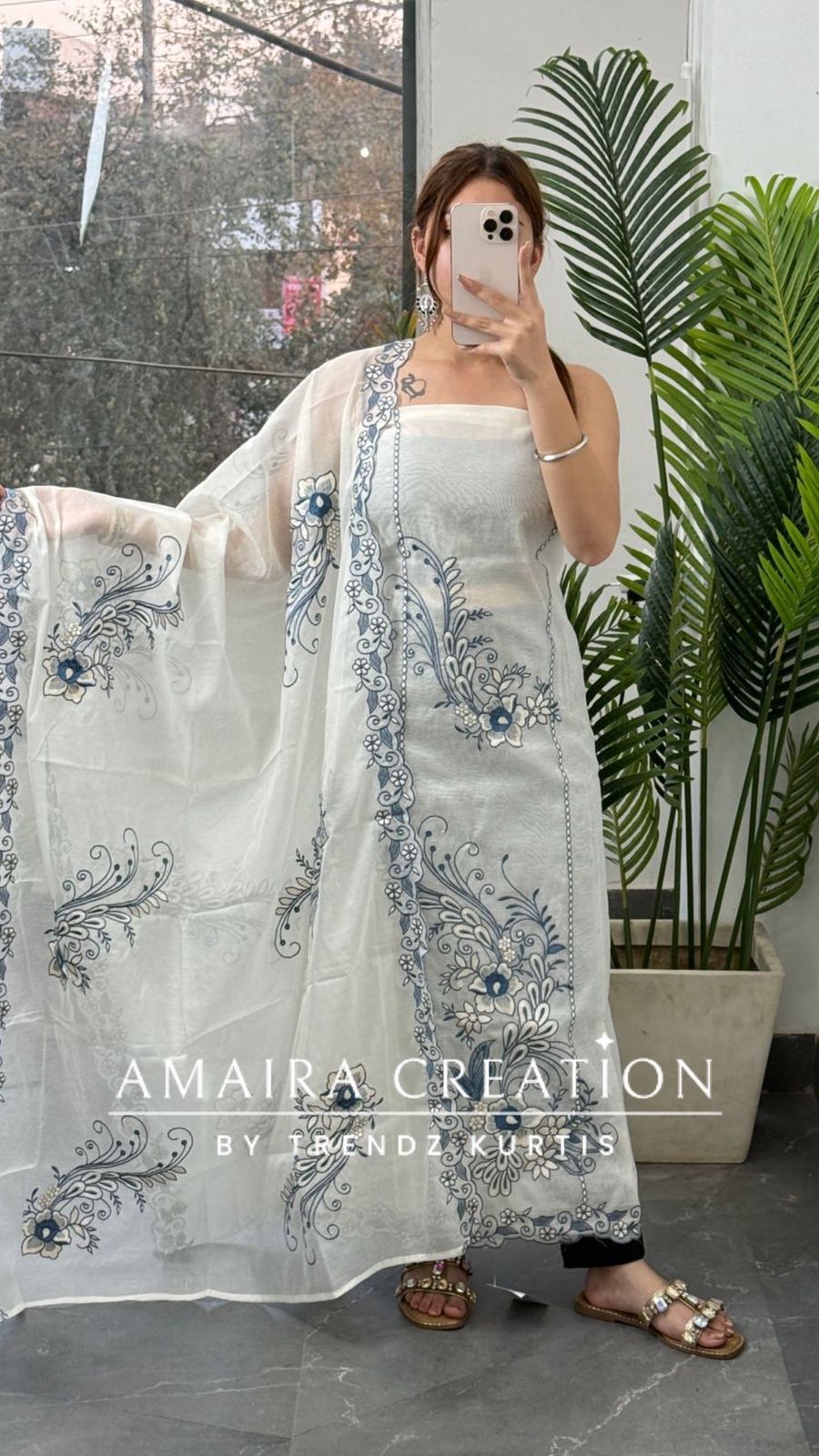 Premium Mul Chanderi White Color Blue Thread Embroidered Unstitched Suit