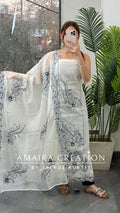 Premium Mul Chanderi White Color Blue Thread Embroidered Unstitched Suit