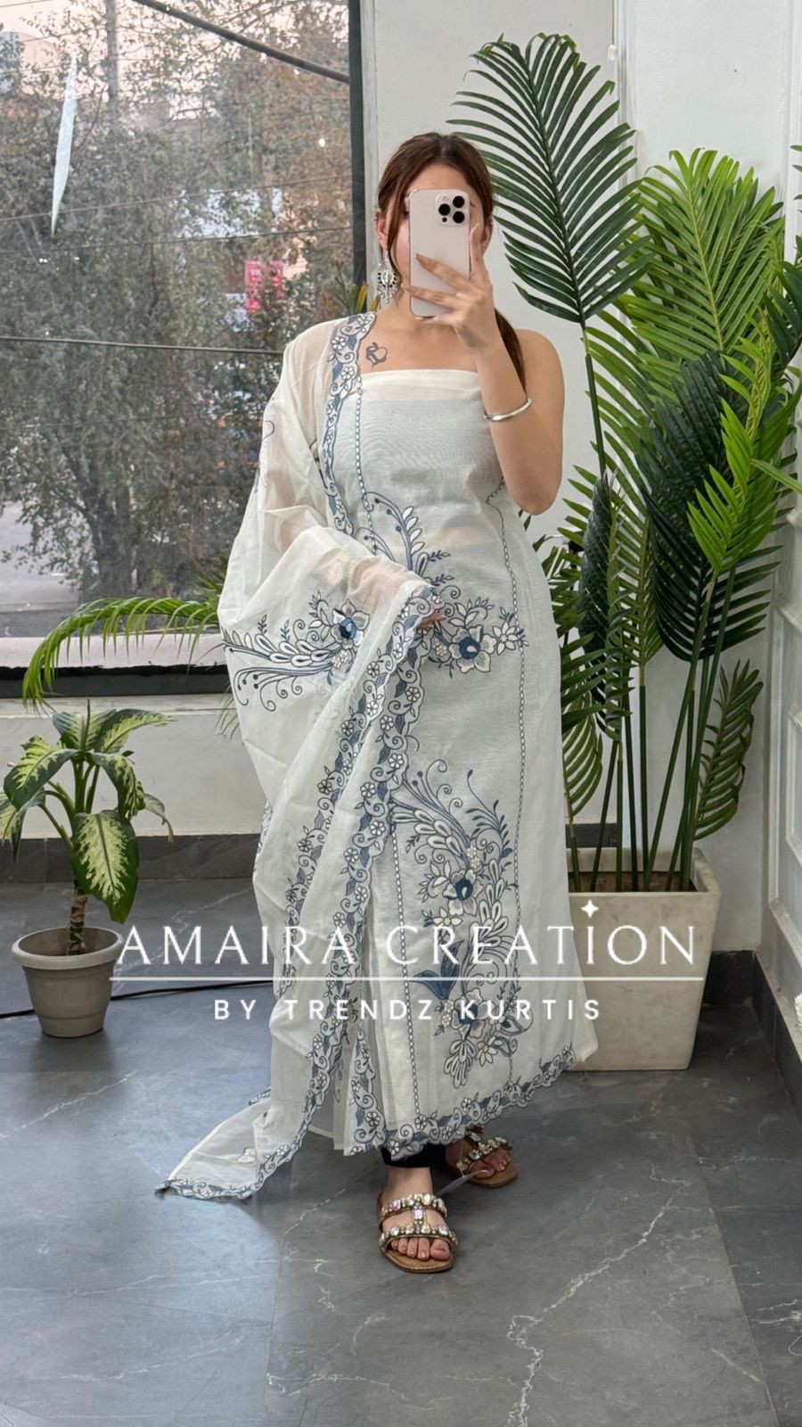 Premium Mul Chanderi White Color Blue Thread Embroidered Unstitched Suit