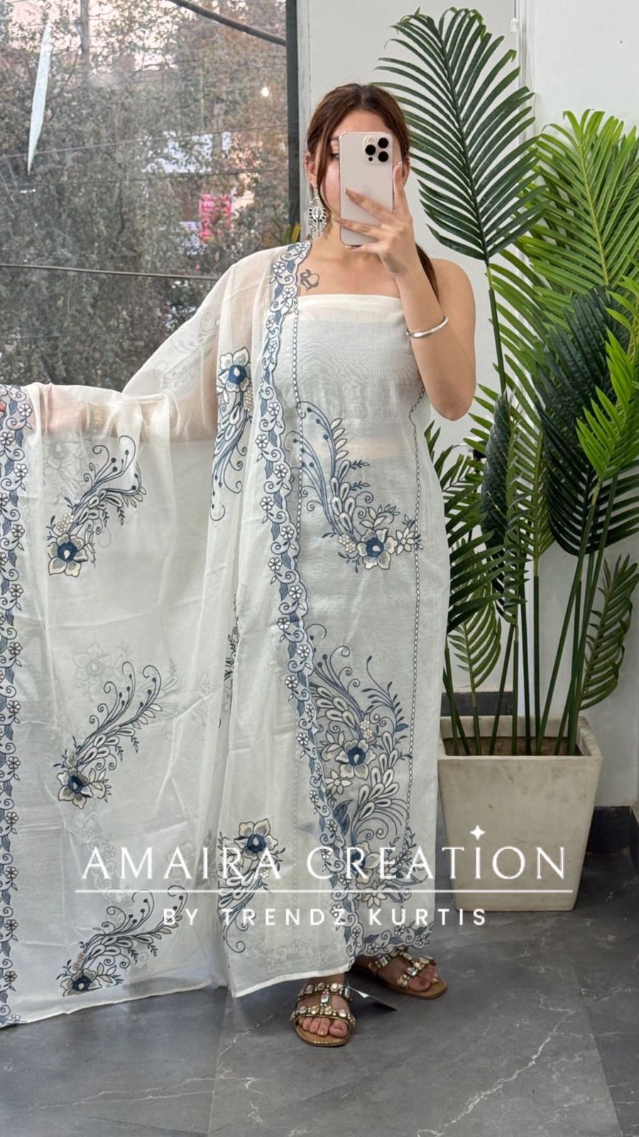 Premium Mul Chanderi White Color Blue Thread Embroidered Unstitched Suit