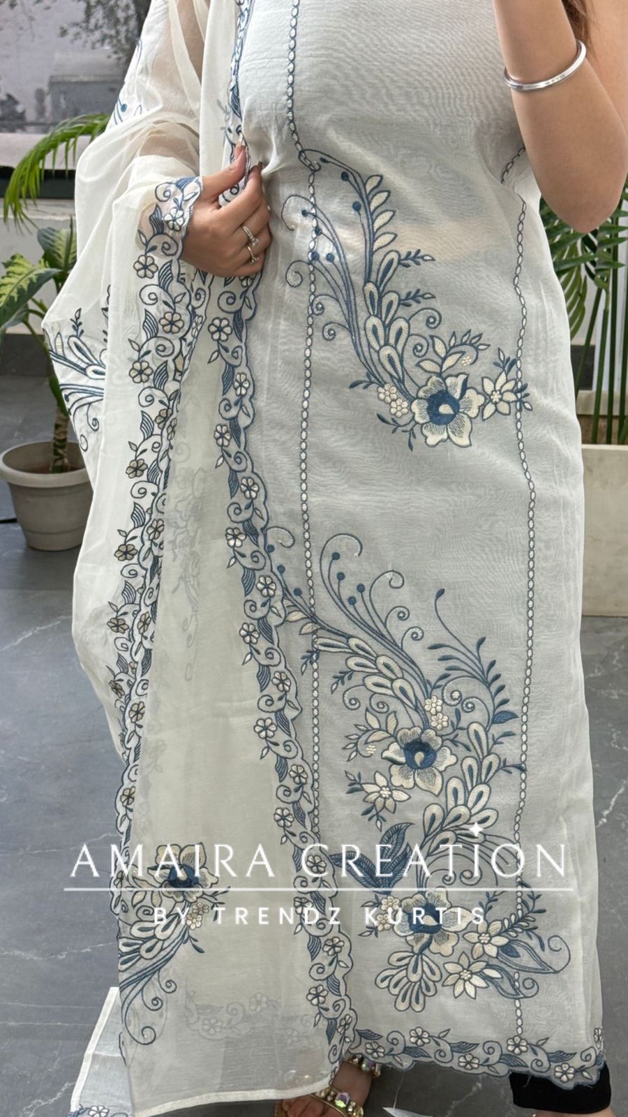 Premium Mul Chanderi White Color Blue Thread Embroidered Unstitched Suit