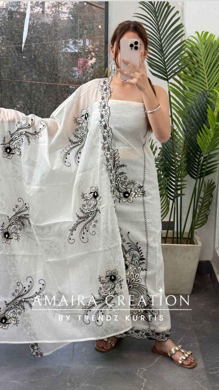 Premium Mul Chanderi White Color Black Thread Embroidered Unstitched Suit