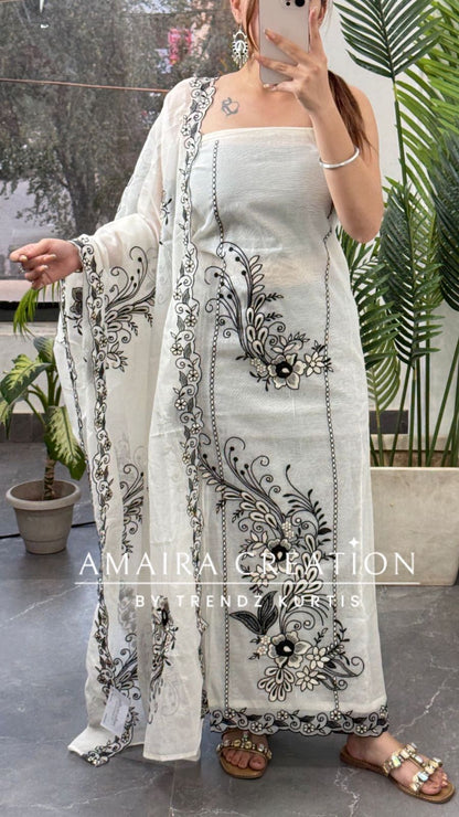 Premium Mul Chanderi White Color Black Thread Embroidered Unstitched Suit