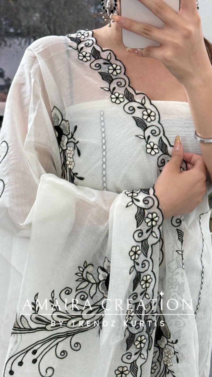 Premium Mul Chanderi White Color Black Thread Embroidered Unstitched Suit
