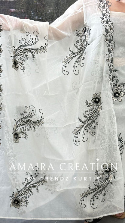 Premium Mul Chanderi White Color Black Thread Embroidered Unstitched Suit