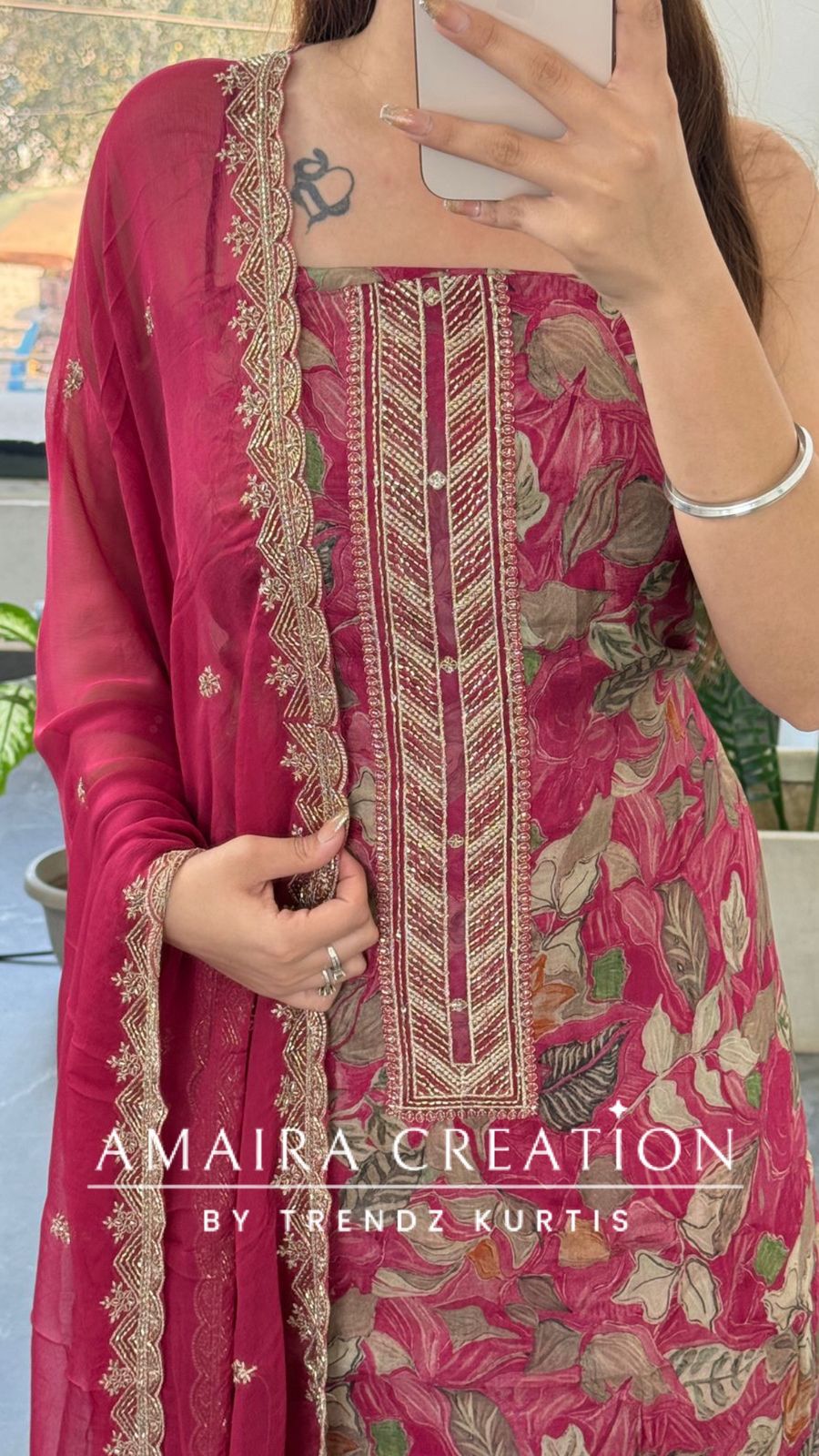Premium Crepe Fabric Fuschia Pink Colour Unstitch Suit With Chiffon Dupatta