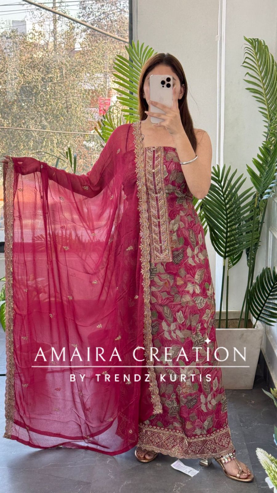 Premium Crepe Fabric Fuschia Pink Colour Unstitch Suit With Chiffon Dupatta