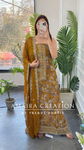 Premium Crepe Fabric Mustard Colour Unstitch Suit With Chiffon Dupatta
