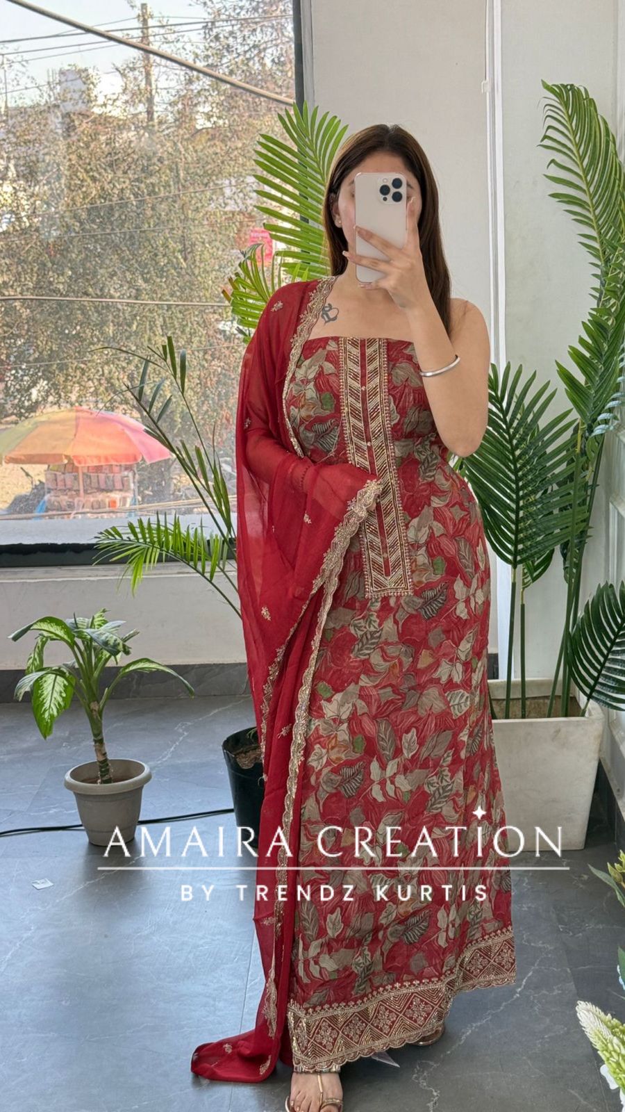 Premium Crepe Fabric RustColour Unstitch Suit With Chiffon Dupatta