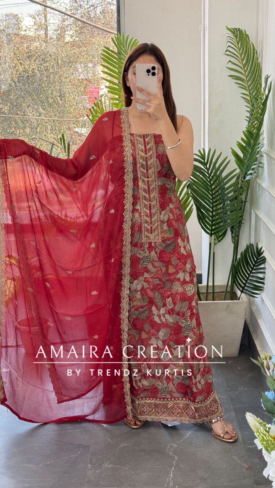 Premium Crepe Fabric RustColour Unstitch Suit With Chiffon Dupatta