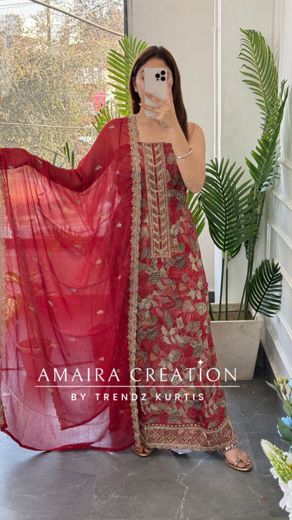 Premium Crepe Fabric RustColour Unstitch Suit With Chiffon Dupatta