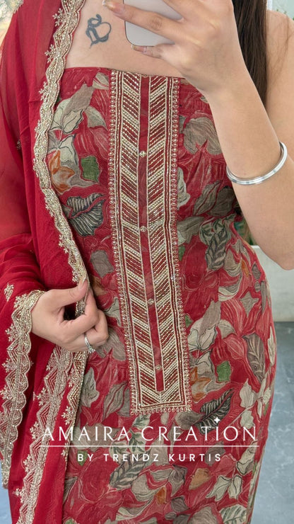 Premium Crepe Fabric RustColour Unstitch Suit With Chiffon Dupatta