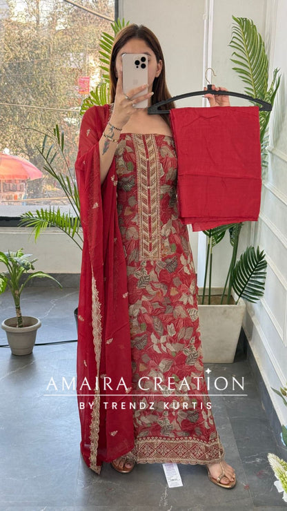 Premium Crepe Fabric RustColour Unstitch Suit With Chiffon Dupatta