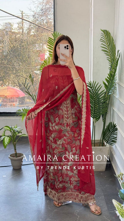 Premium Crepe Fabric RustColour Unstitch Suit With Chiffon Dupatta