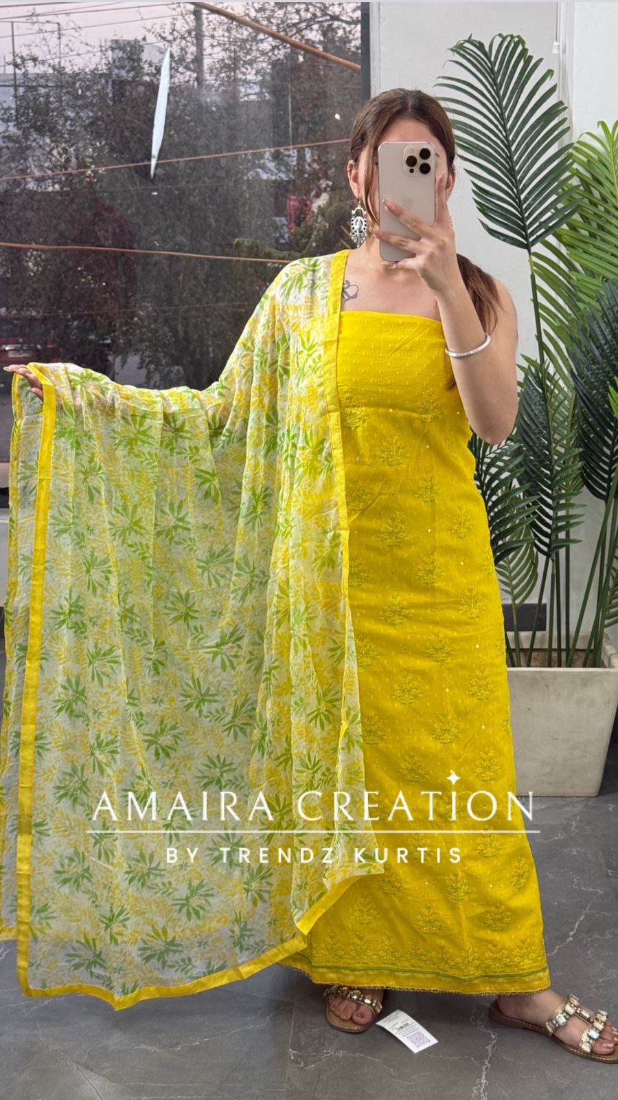 Premium Cotton Neon Yellow Thread Embroidered Unstitched Suit With Printed Bottom & Chiffon Dupatta