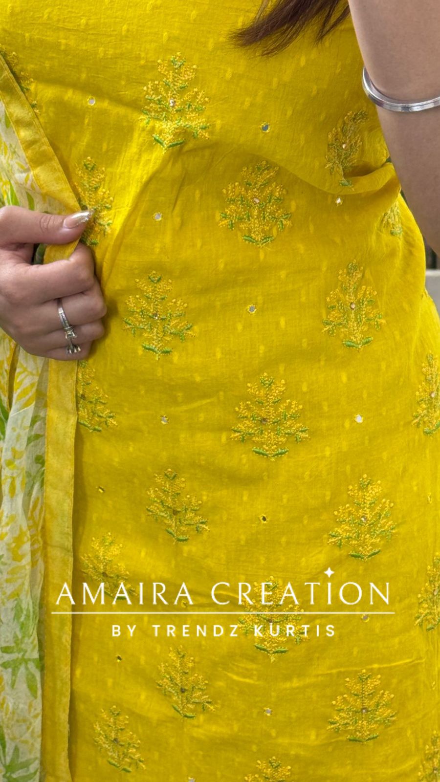 Premium Cotton Neon Yellow Thread Embroidered Unstitched Suit With Printed Bottom & Chiffon Dupatta