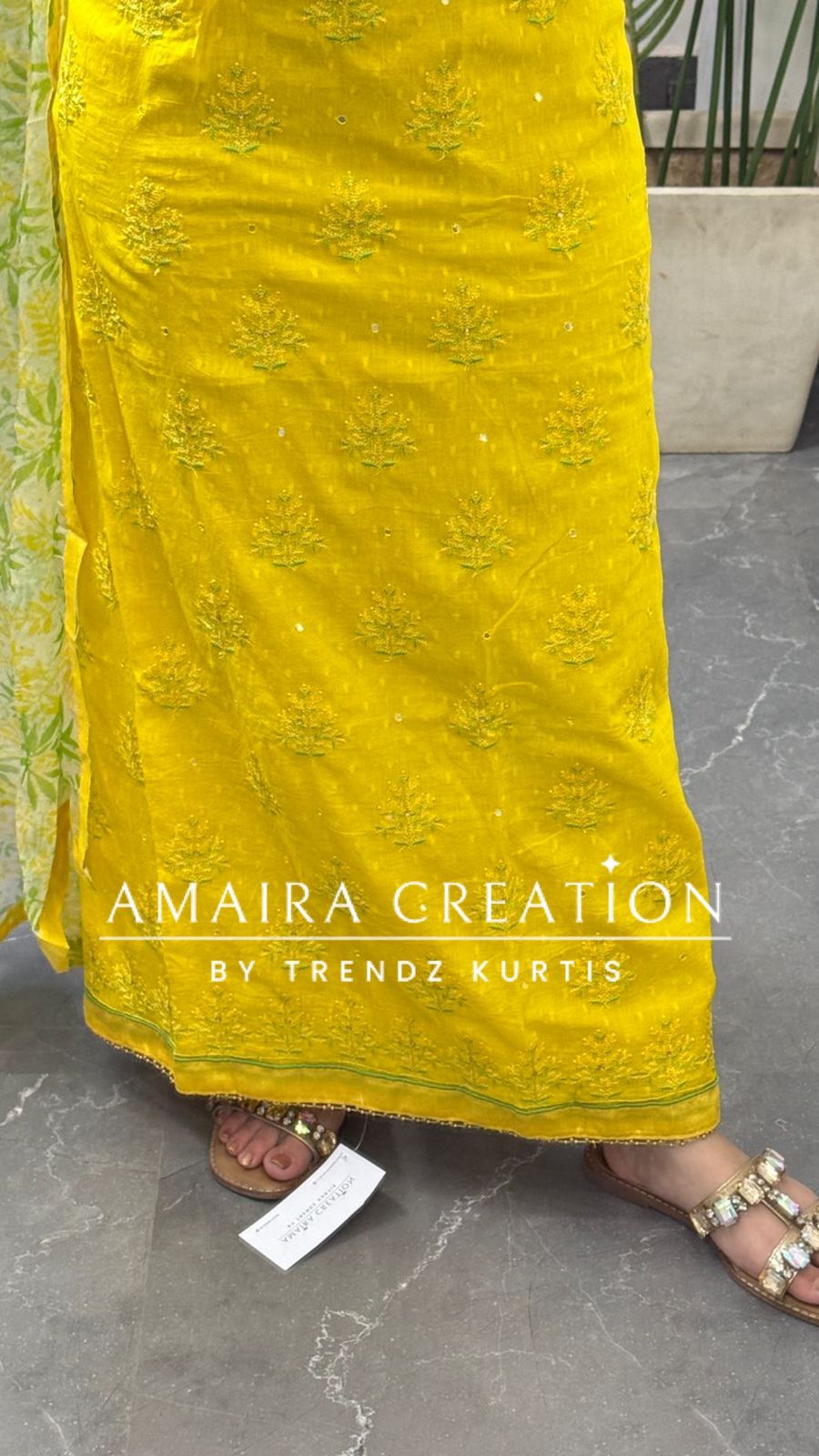 Premium Cotton Neon Yellow Thread Embroidered Unstitched Suit With Printed Bottom & Chiffon Dupatta