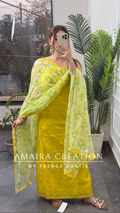 Premium Cotton Neon Yellow Thread Embroidered Unstitched Suit With Printed Bottom & Chiffon Dupatta