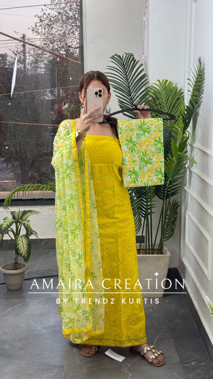 Premium Cotton Neon Yellow Thread Embroidered Unstitched Suit With Printed Bottom & Chiffon Dupatta