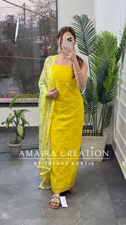 Premium Cotton Neon Yellow Thread Embroidered Unstitched Suit With Printed Bottom & Chiffon Dupatta