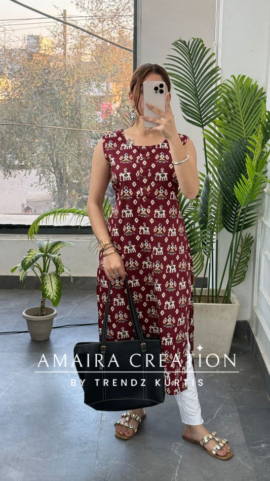 Premium Cotton Maroon Color Kurti(17 inches sleeves Available)