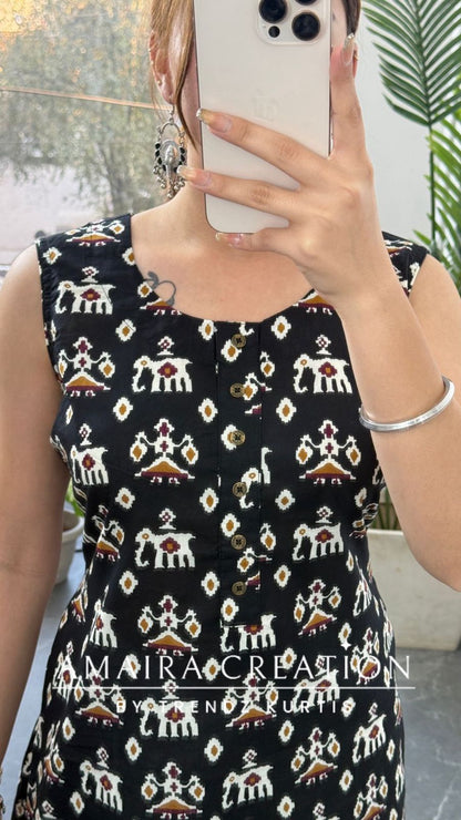 Premium Cotton Black Colour Ikkat print Kurti(17 inches sleeve available)