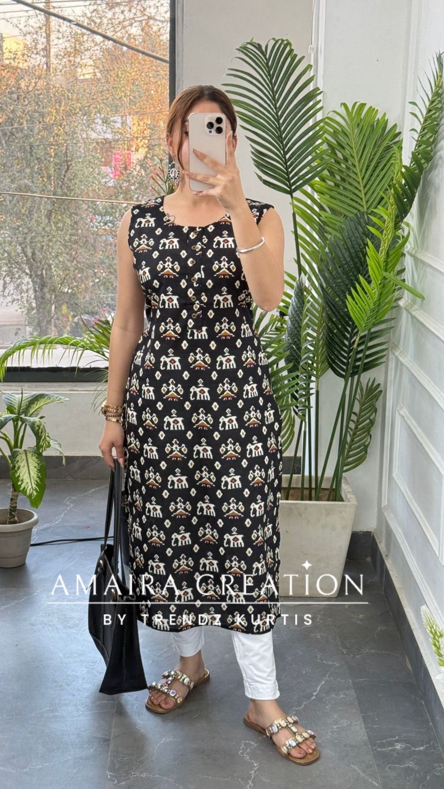Premium Cotton Black Colour Ikkat print Kurti(17 inches sleeve available)