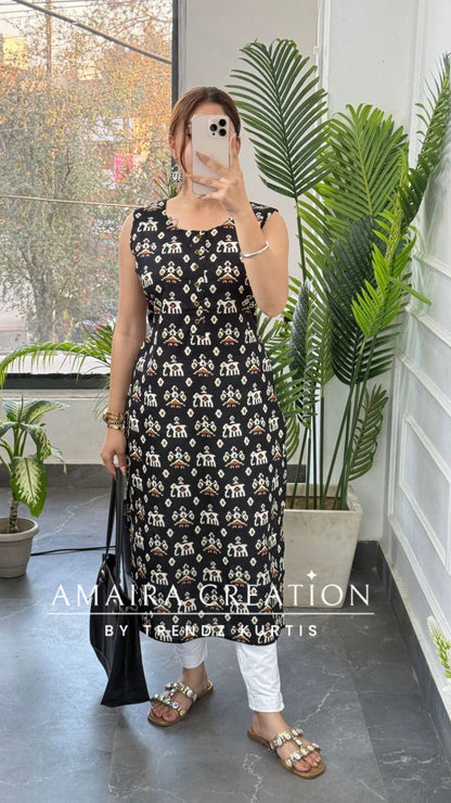 Premium Cotton Black Colour Ikkat print Kurti(17 inches sleeve available)
