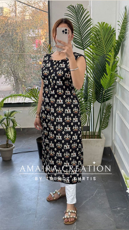 Premium Cotton Black Colour Ikkat print Kurti(17 inches sleeve available)