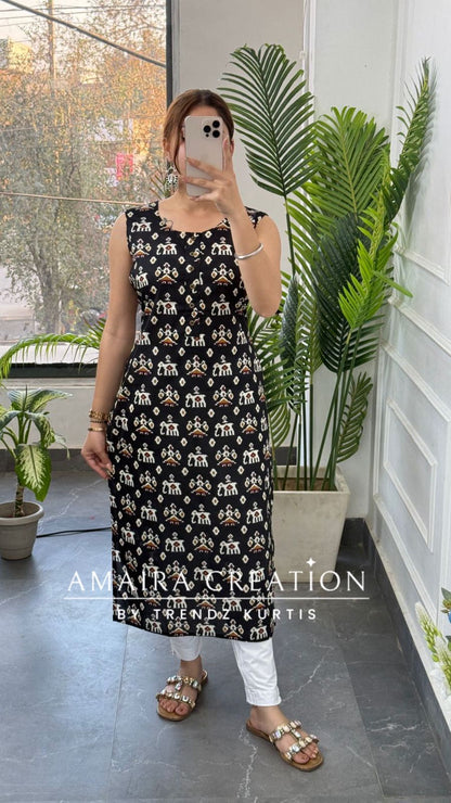 Premium Cotton Black Colour Ikkat print Kurti(17 inches sleeve available)