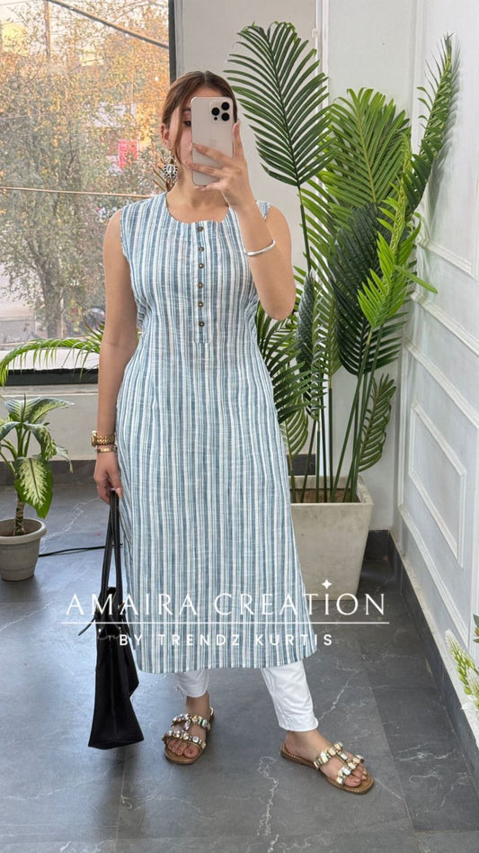 Premium Cotton White Blue Stripe Pattern Kurti (17 inches sleeves available)