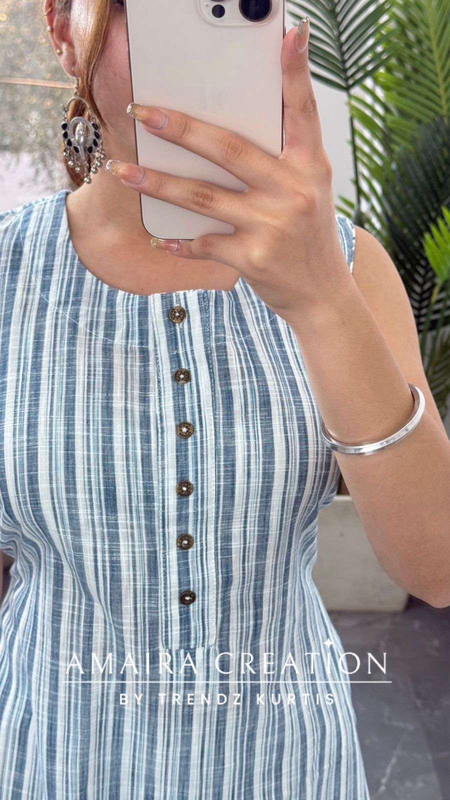Premium Cotton White Blue Stripe Pattern Kurti (17 inches sleeves available)